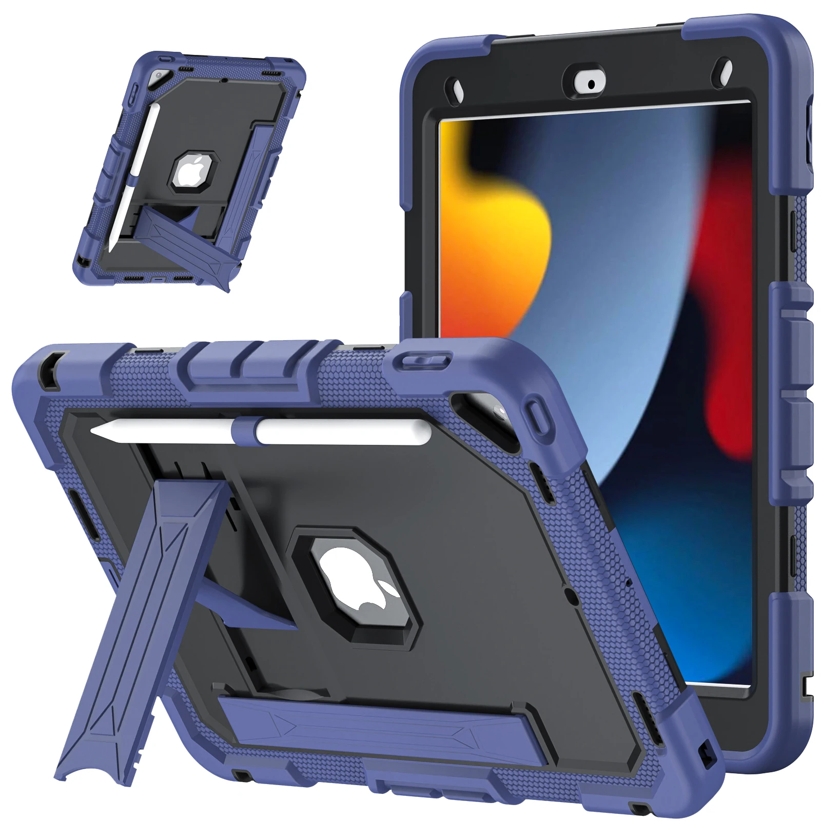 Tablet Case for iPad 10.2 (2021) / (2020) / (2019) Rugged PC + Silicone Shockproof Cover Built-in Kickstand / Hand Strap - Navy