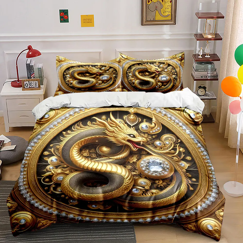 Golden Dragon Embellished Decor Set Bedding Set with 1 Duvet Cover 2 Pillowcases Single Double King Queen, Gift