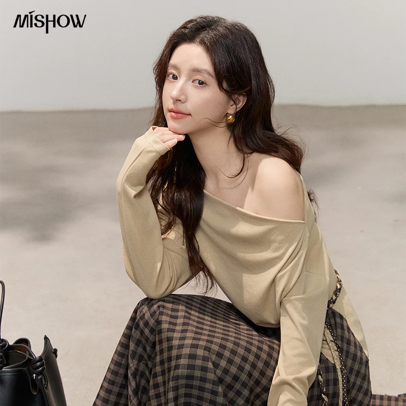 MISHOW Women Lyocell Wool Off Shoulder Knit Top 2026 Spring New Ruched Waist Slim Fit Elegant Casual Long Sleeve Tee MXF14Z3028 image 3