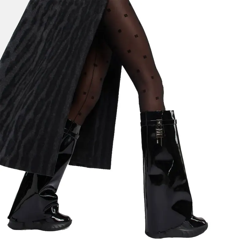 Women's round toe knee high boots round toe skirt thick sole shark long sleeved wedge high heels high metal buckle large sleeves