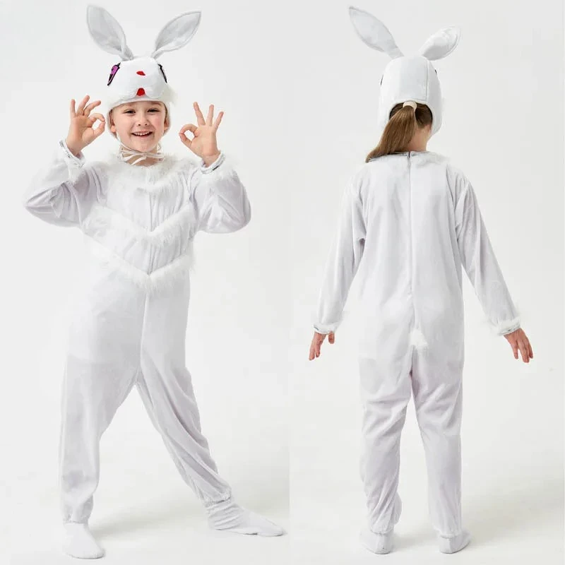 

Halloween White Bunny Rabbit Kids Toddler One-Piece Jumpsuit Costume - Soft Furry Outfit with Bunny Ear Hat & Red Decor