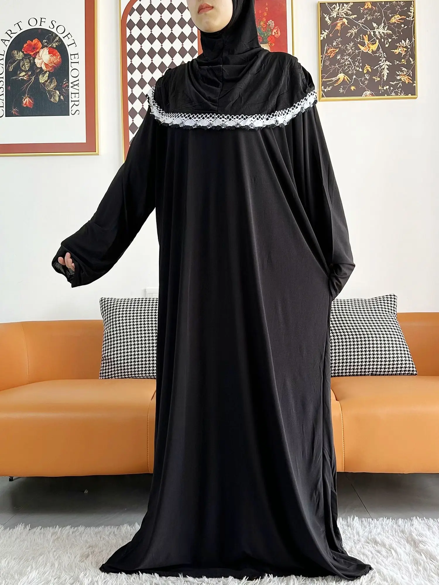 2023 Muslim Solid Cotton Abaya For Women Ramadan Prayer Garment Joint Hat Dubai Turkey Middle East Femme Robe Floral Loose Dress