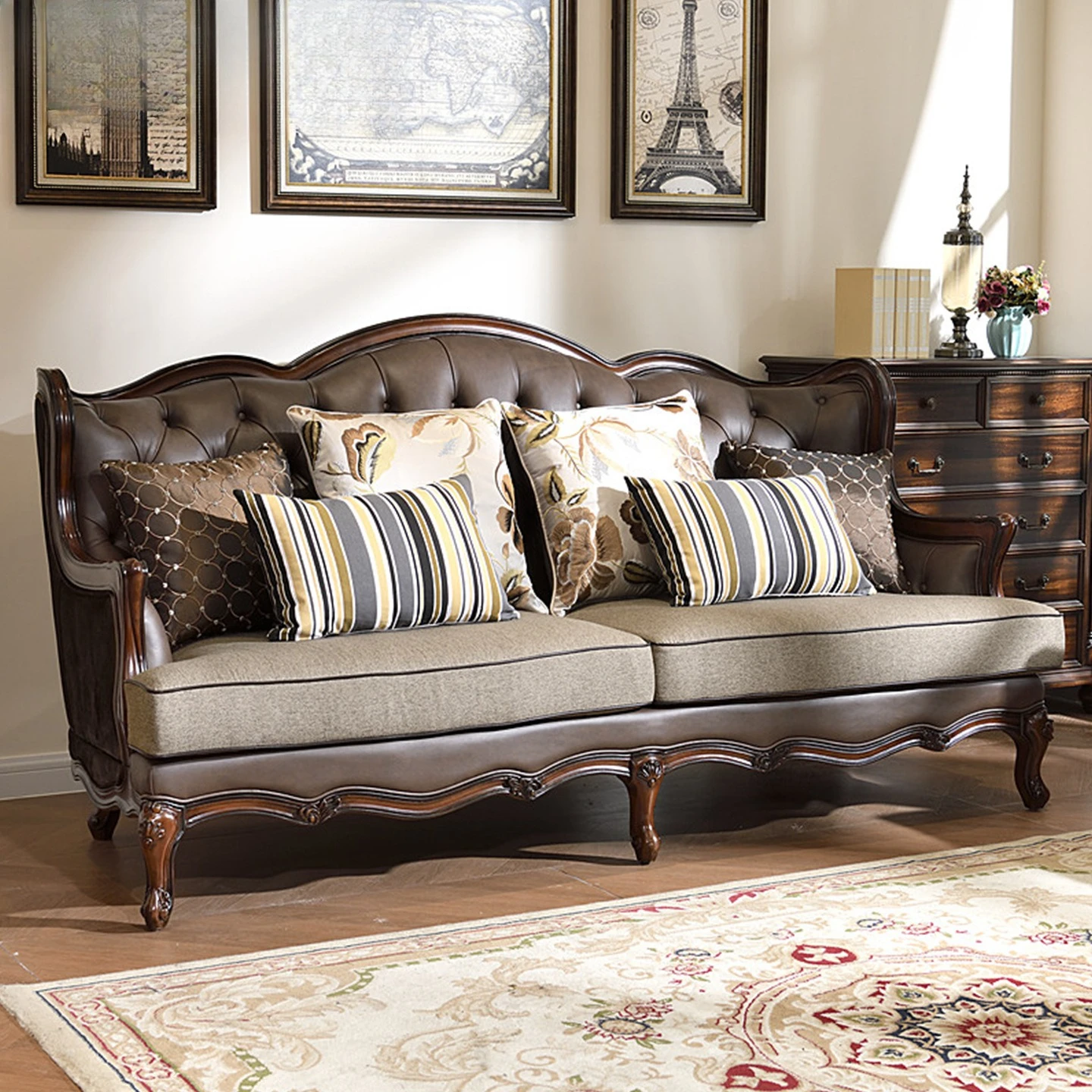 Mahogany core wood genuine leather sofa 123 combo living room full solid wood fabric sofa, large home pull-button sofa