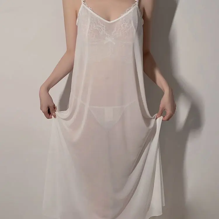 ‌ Inocente conjunto de lingerie sexy feminino verão sheer babydoll sensual ver através da camisola cinta espaguete coquette romântico