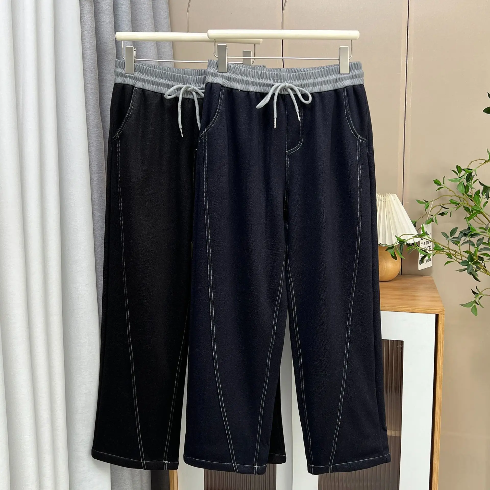 XXXXL موضة حجم كبير المرأة السراويل المستقيمة الشتاء نمط جديد عادية الصوف الدافئة منحني بنطلون 26003