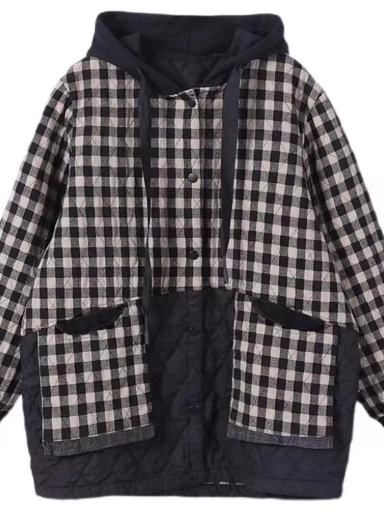 سترة قطنية سميكة للنساء لفصلي الخريف والشتاء، معطف مربعات بأزرار، تصميم عصري فني بأكمام طويلة وغطاء للرأس