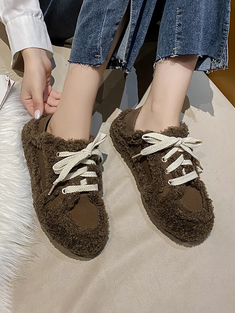 Shoes Woman Flats Modis Loafers Fur Slip-on Casual Female Sneakers Autumn Round Toe Dress Winter 2023 New Cross Slip On Fall