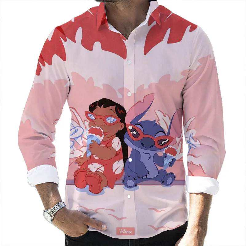 

Lilo and Stitch and Mickey Mouse Anime Street Style 2024 Spring Harajuku New Fashion Casual Lapel Shirt Men's Long Sleeve Shirt