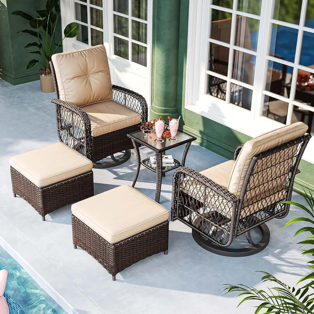 Ensemble de meubles de Patio 5 pièces, planeurs pivotants d'extérieur en rotin et osier avec 2 poufs, ensemble de bistro de Patio à bascule avec chaises à bascule et