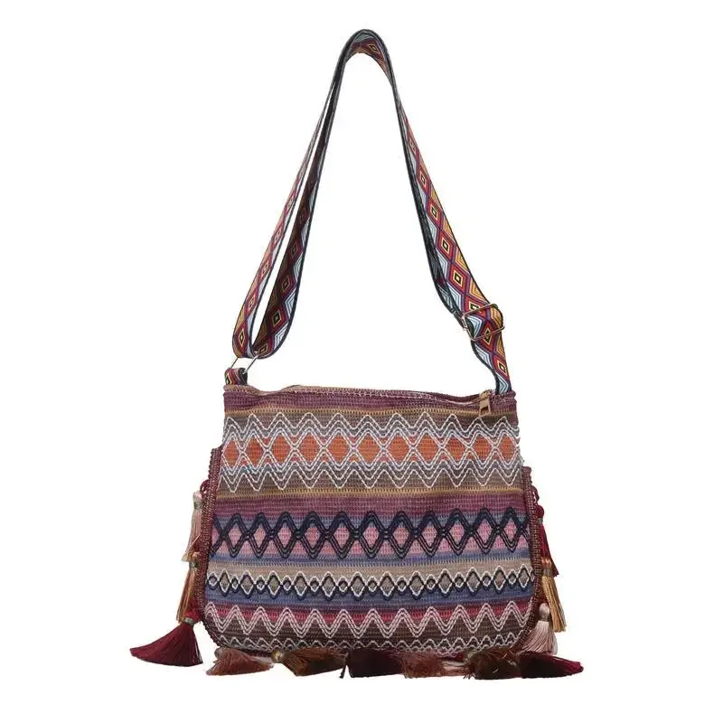 Women Ethnic Style Shoulder Bag with Adjustable Strap Variegated Color Fanny Pack with Fringe Decor Casual Crossbody Sling Bags