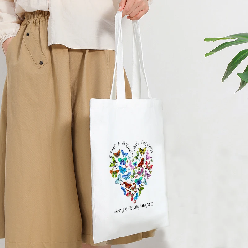 Heart Shape Flower Butterfly Canvas Tote Bags Thank You for Everything You Do Gift Women Handbag Foldable Shopper Bag for Travel