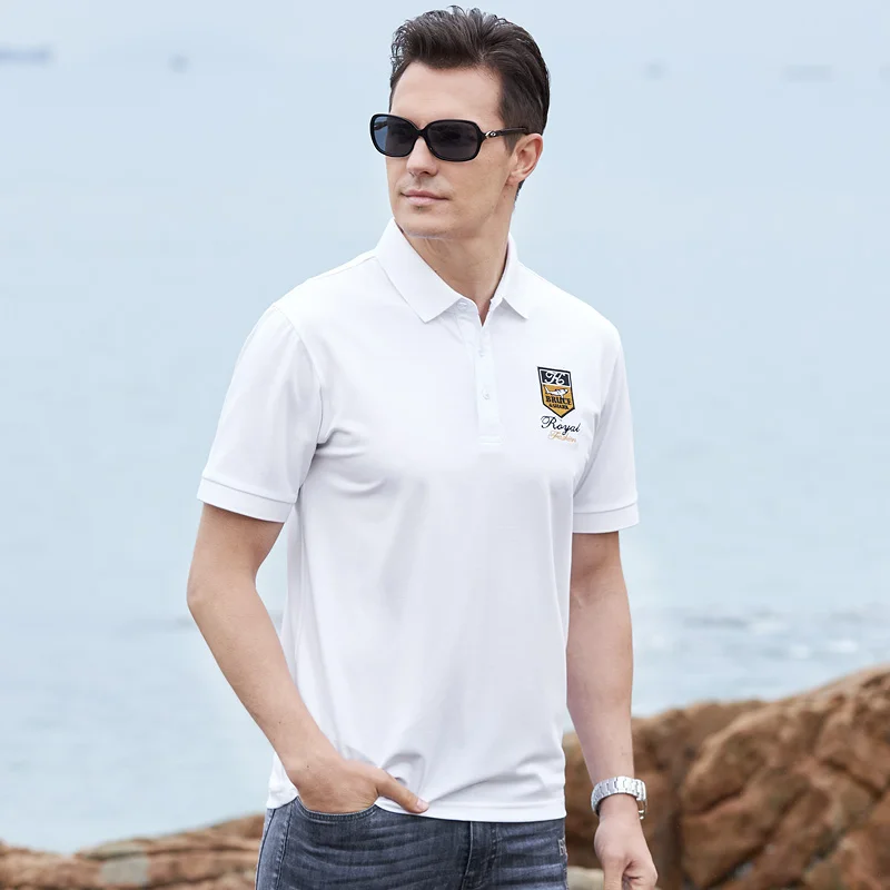 

Bruce&Shark New Straight Men's Casual Short Polos Fashion Embroidery Thin Stretch Cotton Breathable Man top Summer Big size 4XL