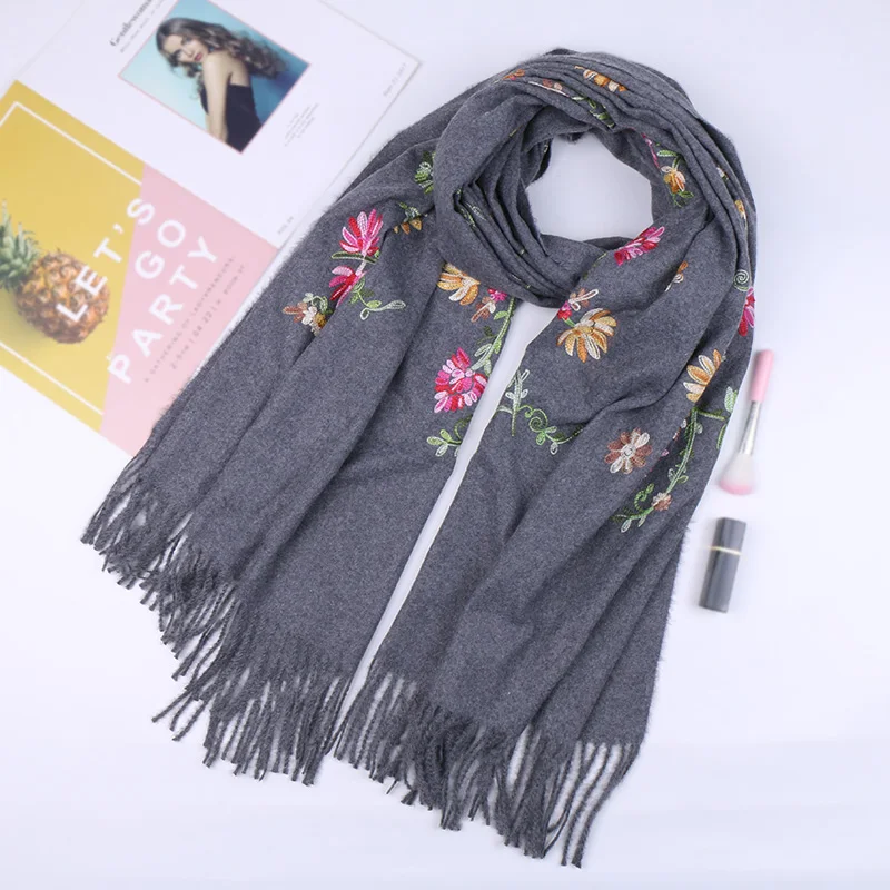 Winter Imitation Cashmere Scarf Embroidered Floral Pashmina Solid Tassal Wraps For Women Elegant Blanket Warm Shawl 200*70cm