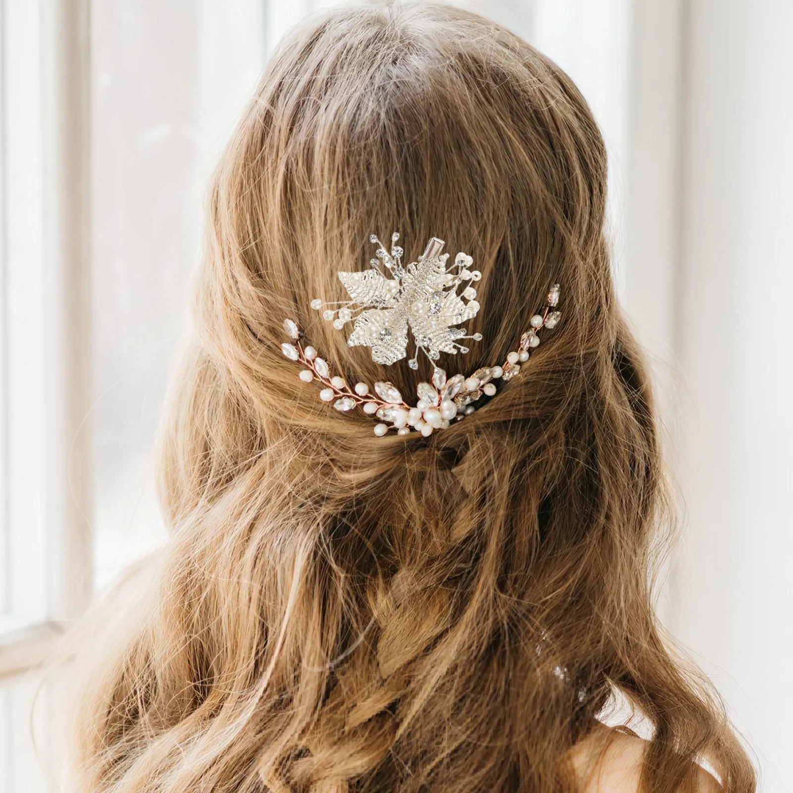 2Pcs Handcrafted Pearl Rhinestone Hair Clips Bridal Flower Side Clip Wedding Hair Accessories Sparkly Headwear