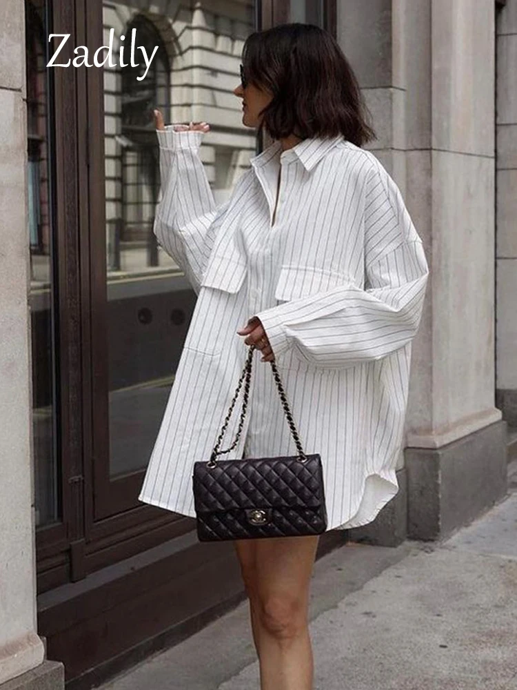 Zadily 2024 Summer Casual Women Striped Shirt Oversize Button Up X-Long Pocket Tunic Button Up Ladies Blouse Loose Clothing