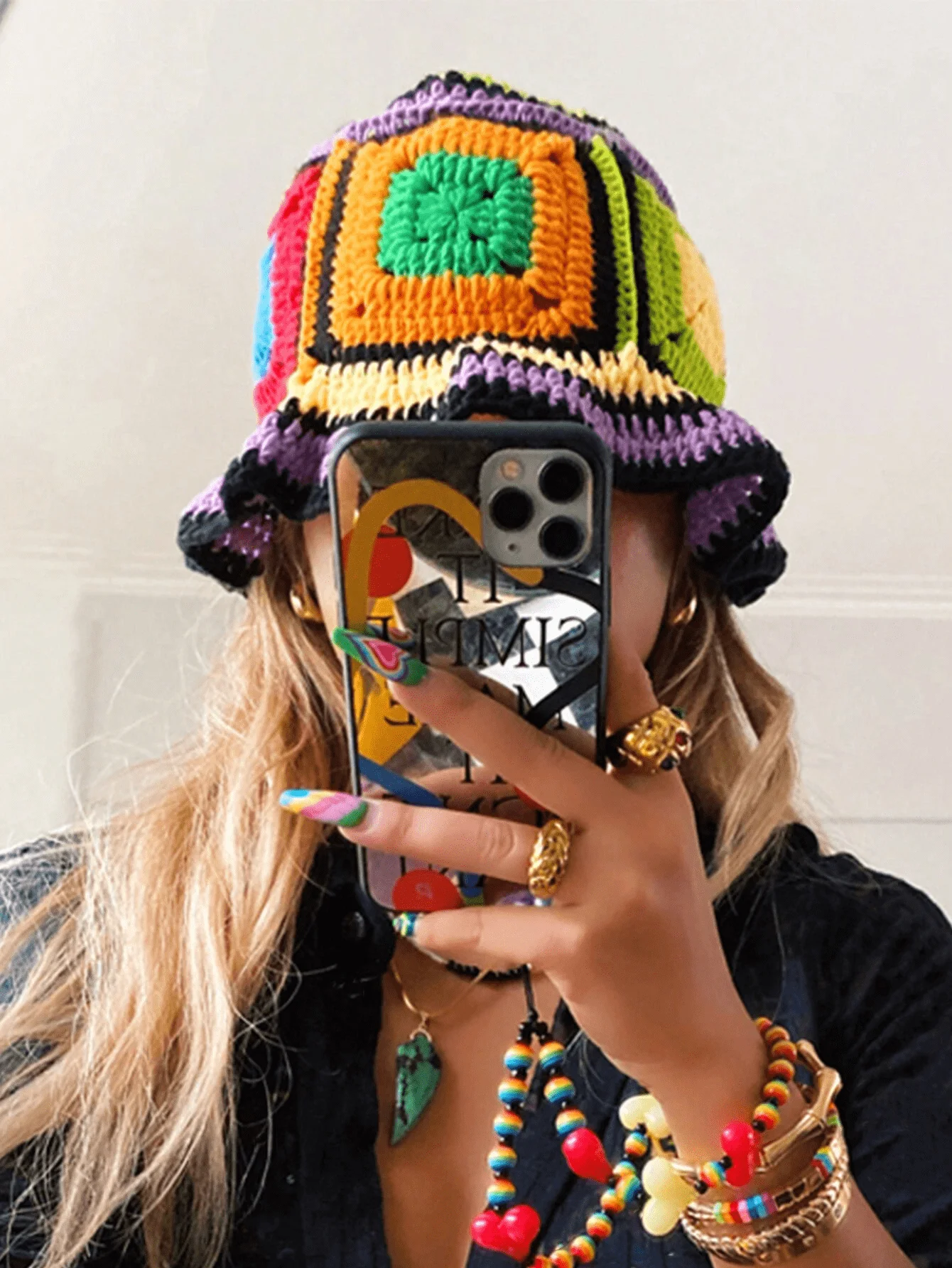 1pc 2026 New Spring Color Block Crochet Bucket Hat For Women, Vintage Hand Knit Fisherman Hat, Retro Granny Square Sun Hat, Stre