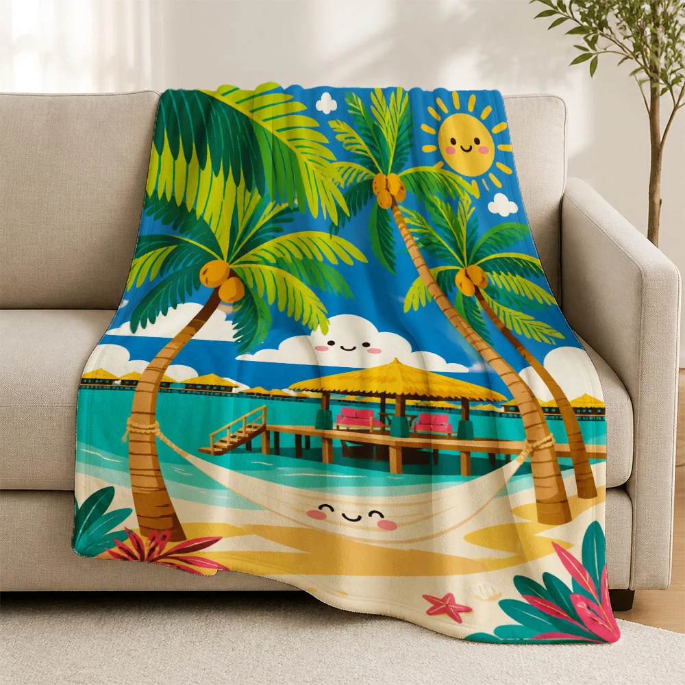 Tropical Beach Pattern Throw Blanket for Sofa Couch Decor Summer Vacation Ocean Life Palm Trees Print Cozy Home Throw Gift