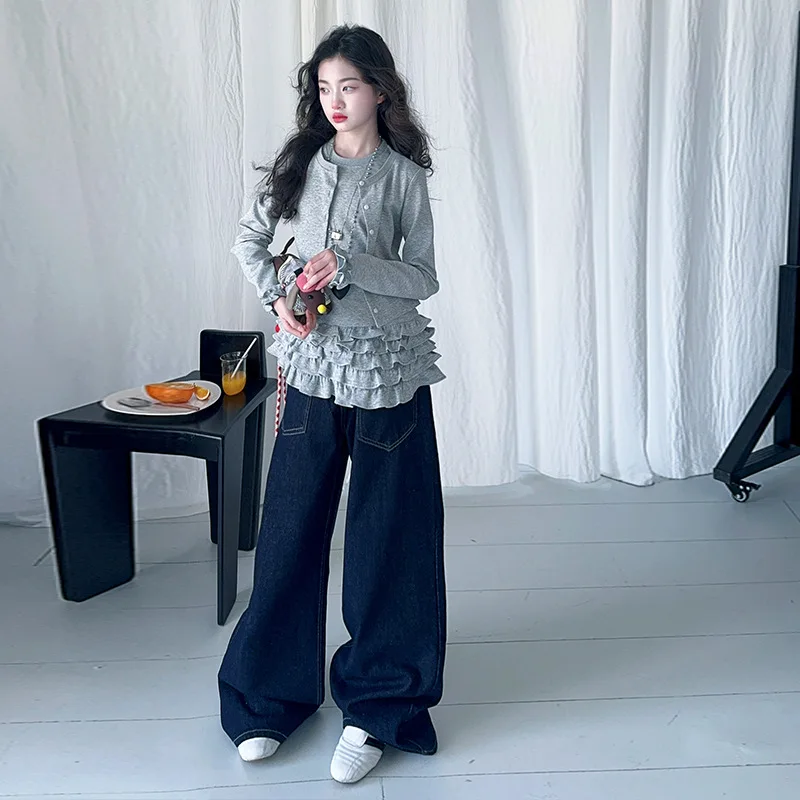 

Junior Girls Two-piece Sets Autumn Korean Teenager Girls Patchwork Long Sleeves Top School Girls Denim Pant Kids Girls Outfit