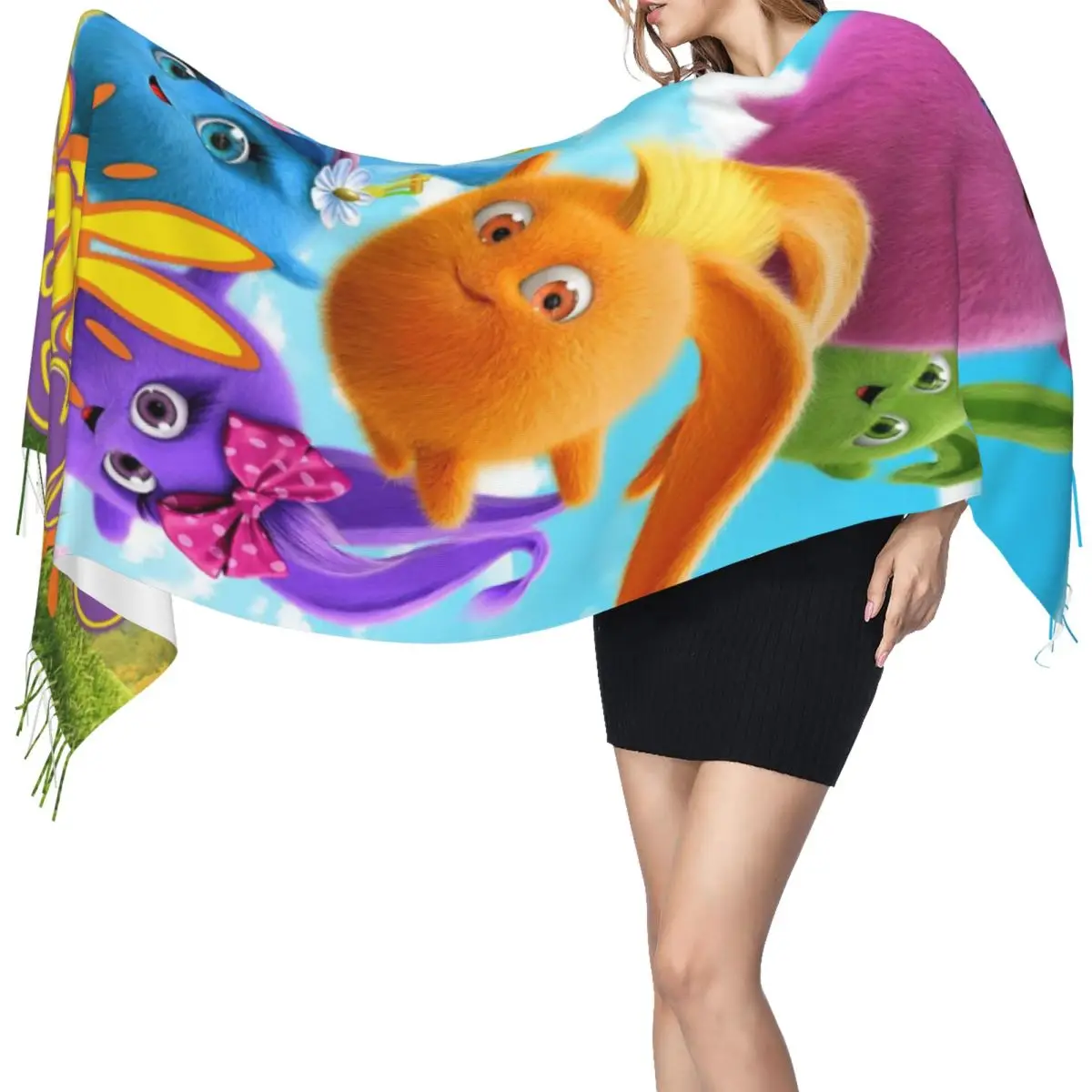 

Солнечные кролики, аниме, шарф с героями мультфильмов, шарфы с кисточками для женщин, мягкие теплые шали и накидки, большая осенне-зимняя шаль