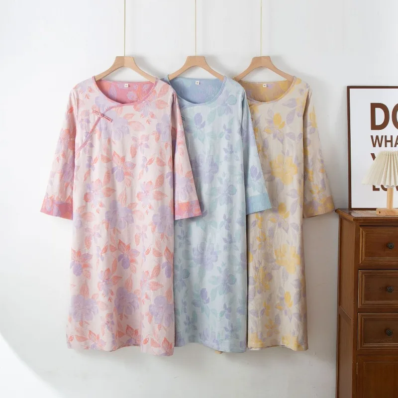 

Женская одежда для сна, хлопковая ретро цветная тканая домашняя одежда с принтом, утренняя одежда, свободная одежда для сна