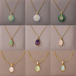 Fashion Oval Opal Pendant Necklace Stainless Steel Chain 18 K Gold Color Cute Lucky Jewelry For Women Accesorios Birthday Gift