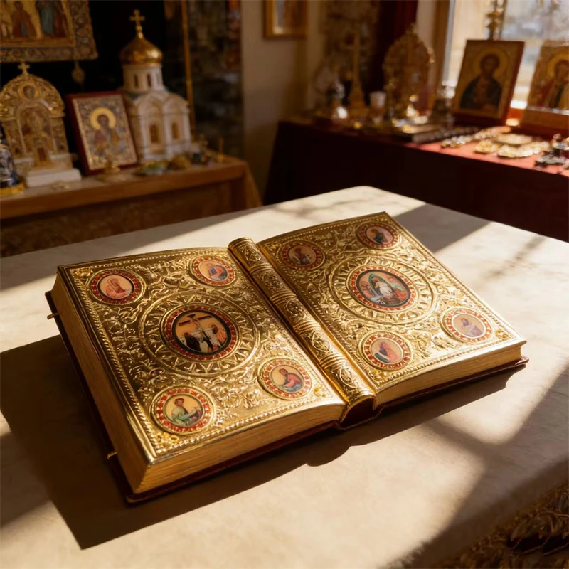 

Gold Plated Orthodox Holy Gospel Book with Enamel Saint Icons for Church Liturgy Home Altar Prayer Religious Devotion Christian