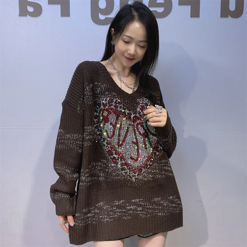 

Autumn Winter Oversized Sweaters Women Striped Clothing Lazy Style Loose Love Diamonds Long Sleeve V Neck Pullover Knitwear