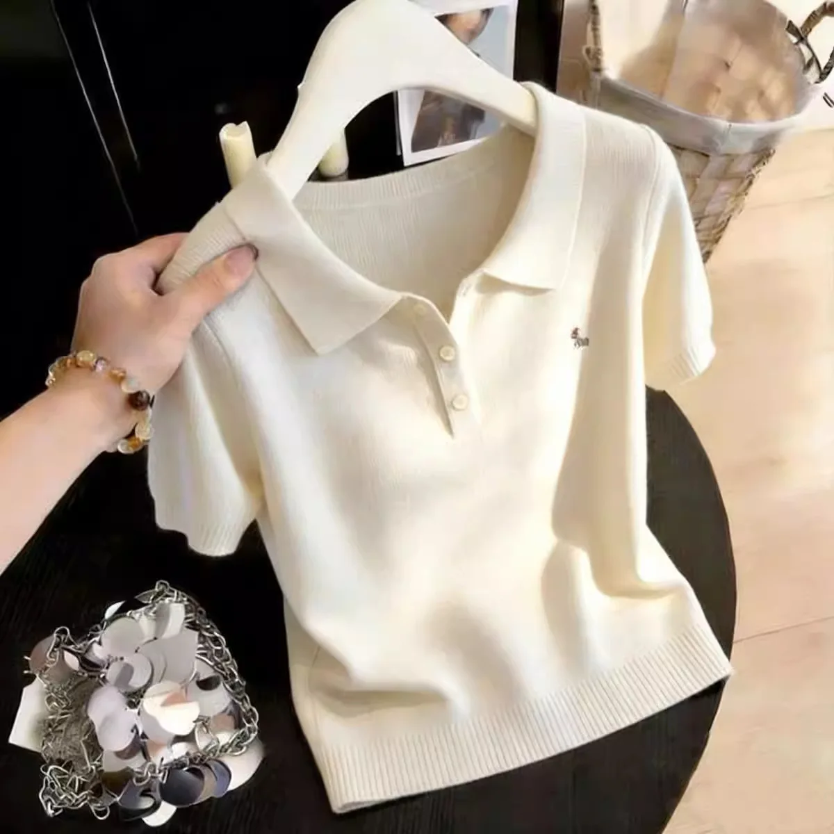 Summer Lapel Short-Sleeved Knitted Sweater Women's Korean Top 40kg-60kg