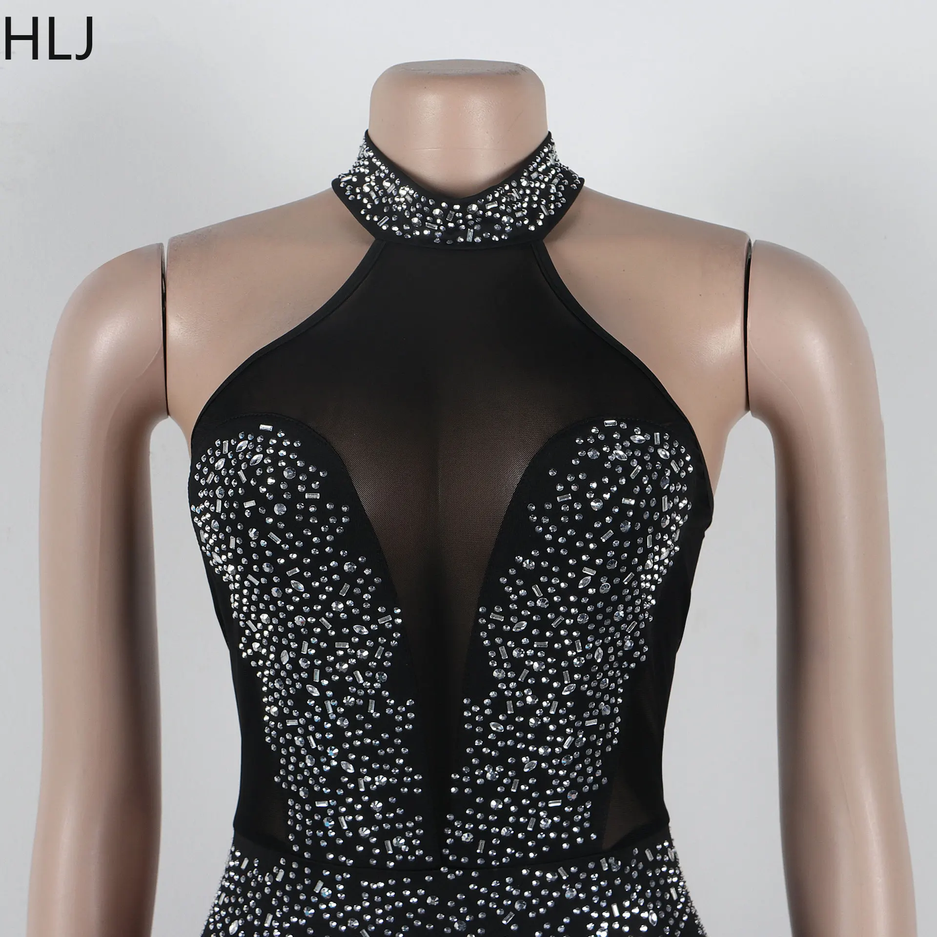 HLJ-monos ajustados de malla con diamantes de imitación para mujer, ropa sin mangas con cuello Halter y espalda descubierta, color negro, 2024