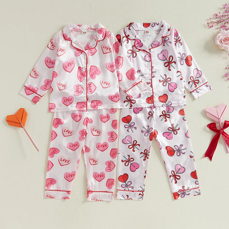 

Toddler Baby Girl Valentines Day Pajamas Set Silk Heart Print Long Sleeve Button Down Shirt Pants Matching Pjs Lounge Set 18M-6Y