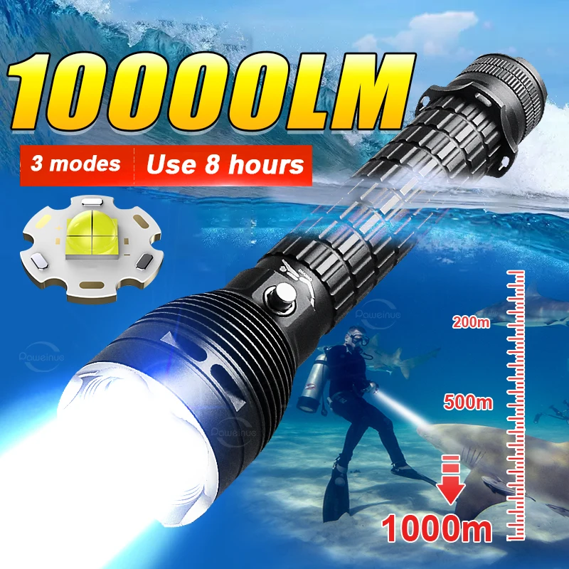 Most Powerful Diving Flashlight Lighting 1000M Underwater Lantern High Power Rechargeable Dive Torch IPX8 Waterproof Scuba Light