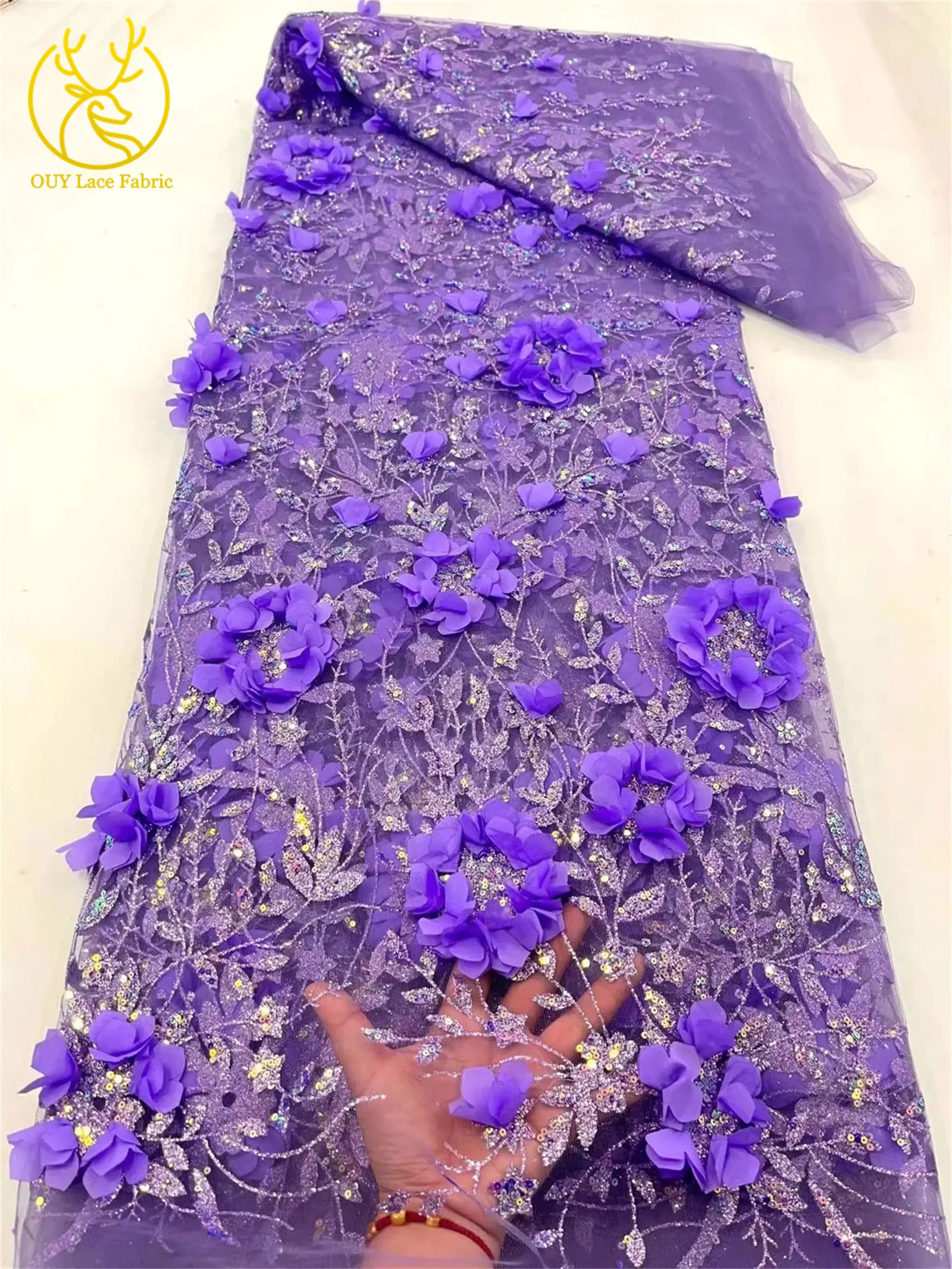 3D Blumen-Pailletten-Spitzenstoff 2026 Hochwertiger Französischer Nigerianischer Klebe-Pailletten-Spitzenstoff für Party-Hochzeitskleider Abendkleider – Detail 7