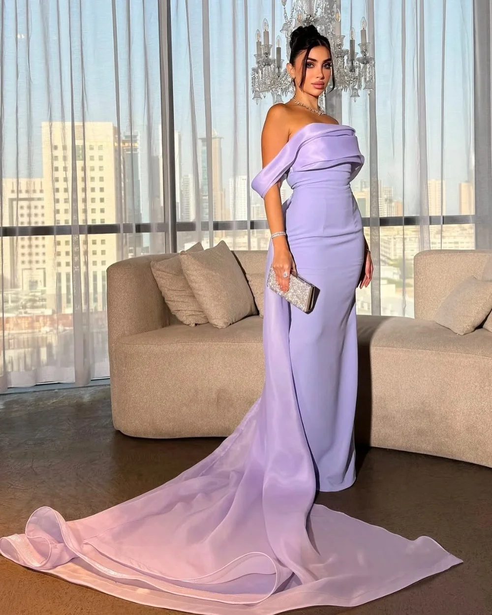 تخصيص بسيط جيرسي الطية Ruched مستقيم خارج على الكتف فساتين طويلة فساتين مناسبة مخصصة جودة عالية النمط الصيني #1