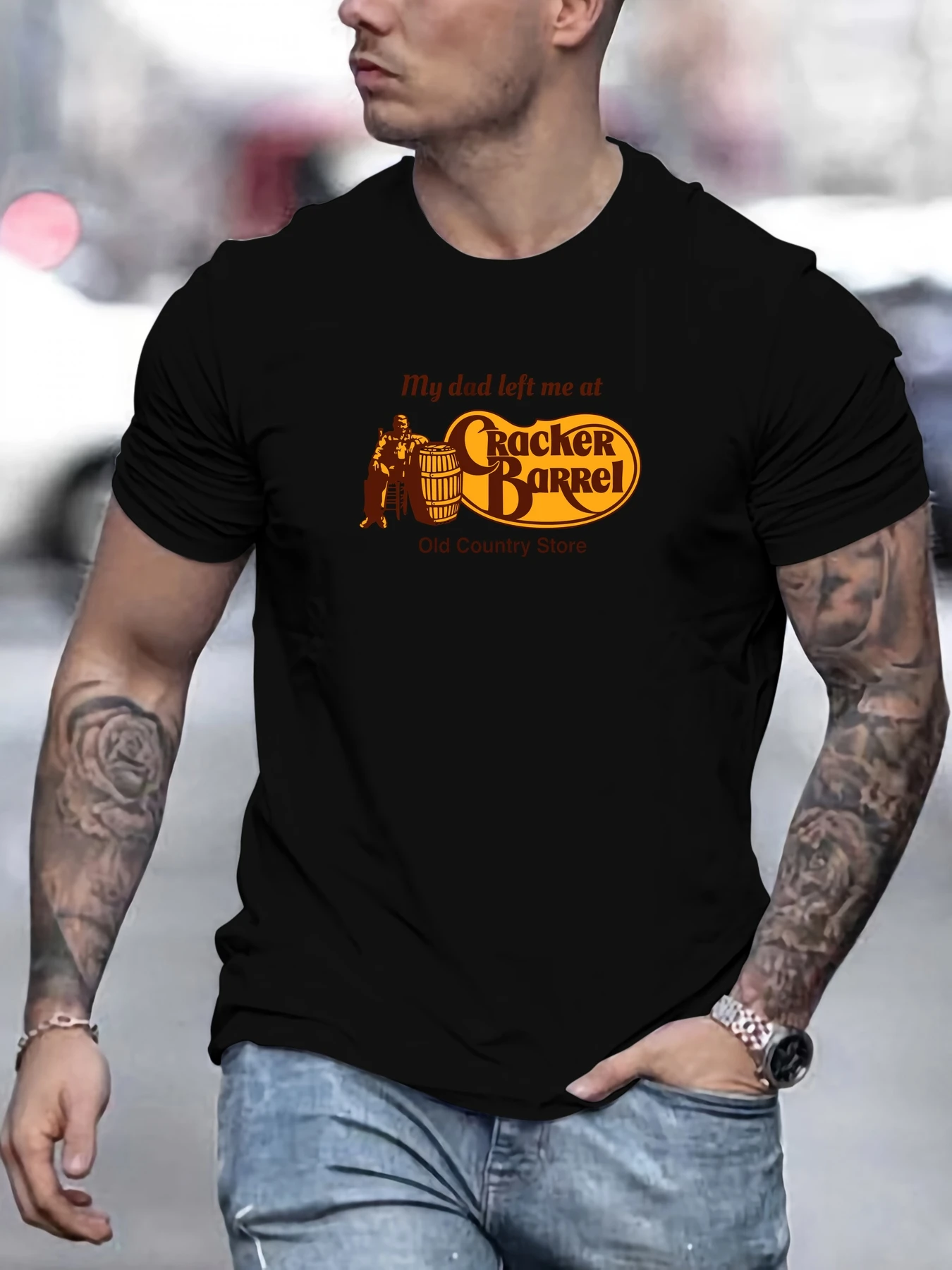 

Male Dad Left Me at Cracker Barrel Country Store Pattern Summer Casual Crew Neck Short T-Shirt