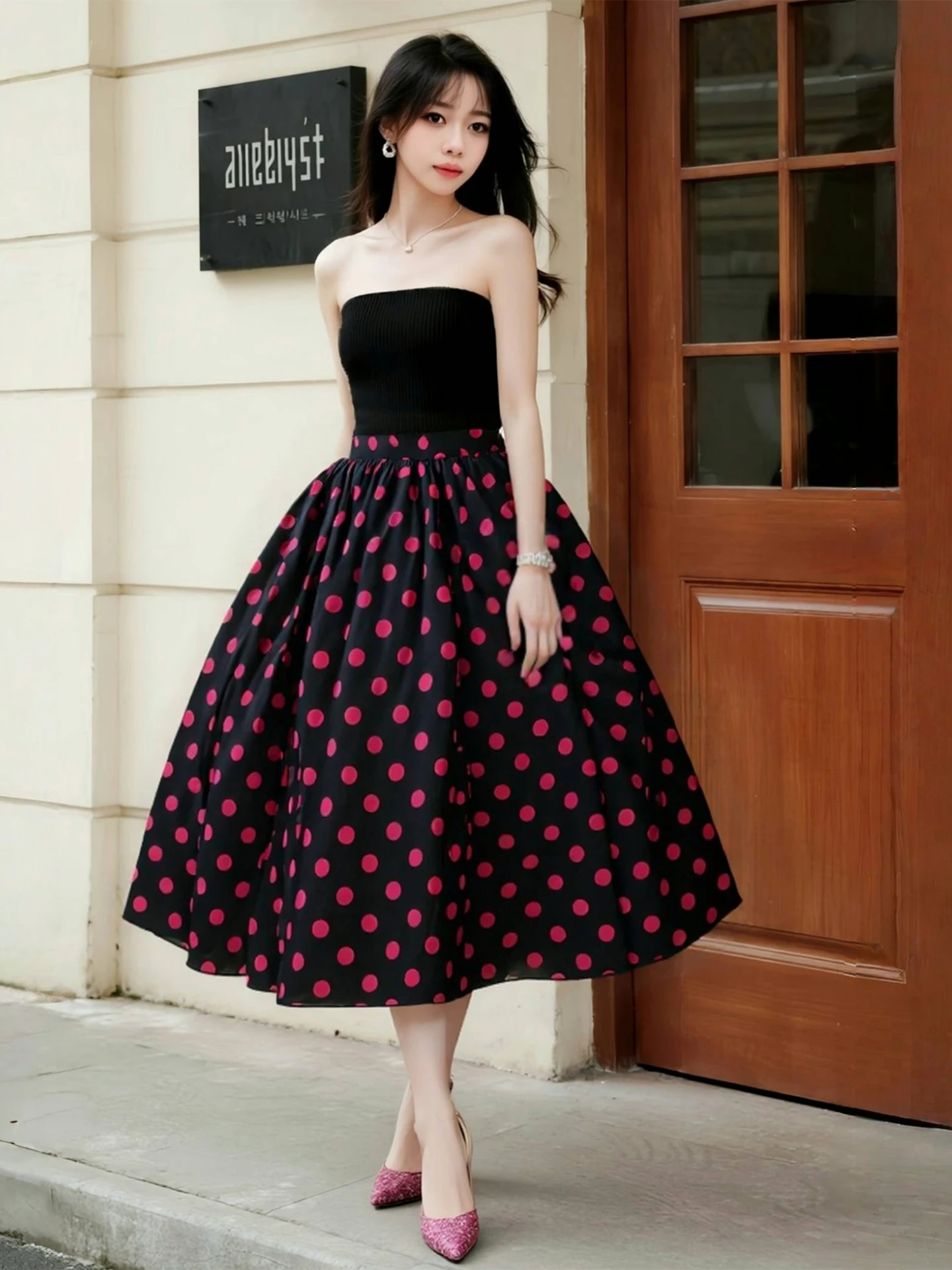 

Ele Bla Polka Dot High Waist Puffy Skirt Cloth Mid-Length Spring Autumn New Sle Luxury Sensation Ci Commute Cas...