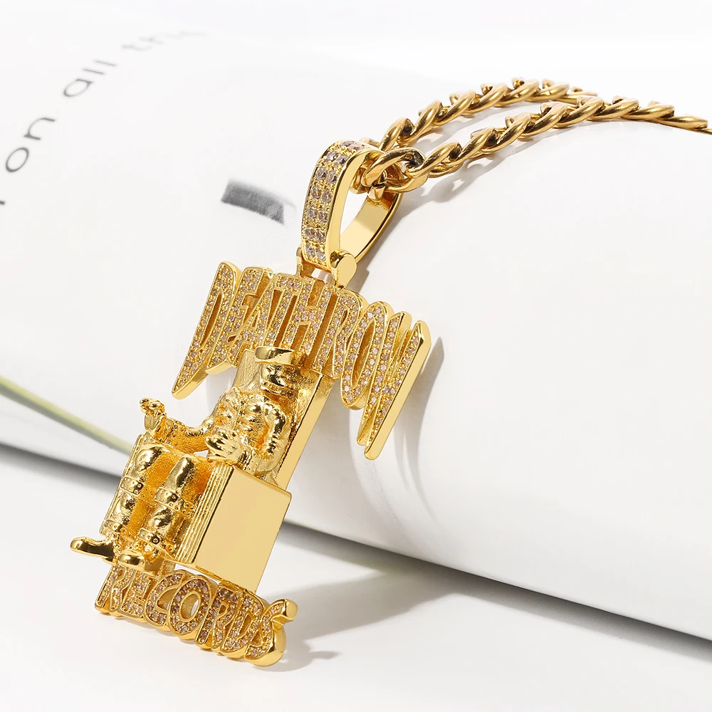 Hip Hop DEATHROW RECORDS Prisoner Necklace Rhinestones Pendant Accessories For Man Woman Iced Out Jewelry