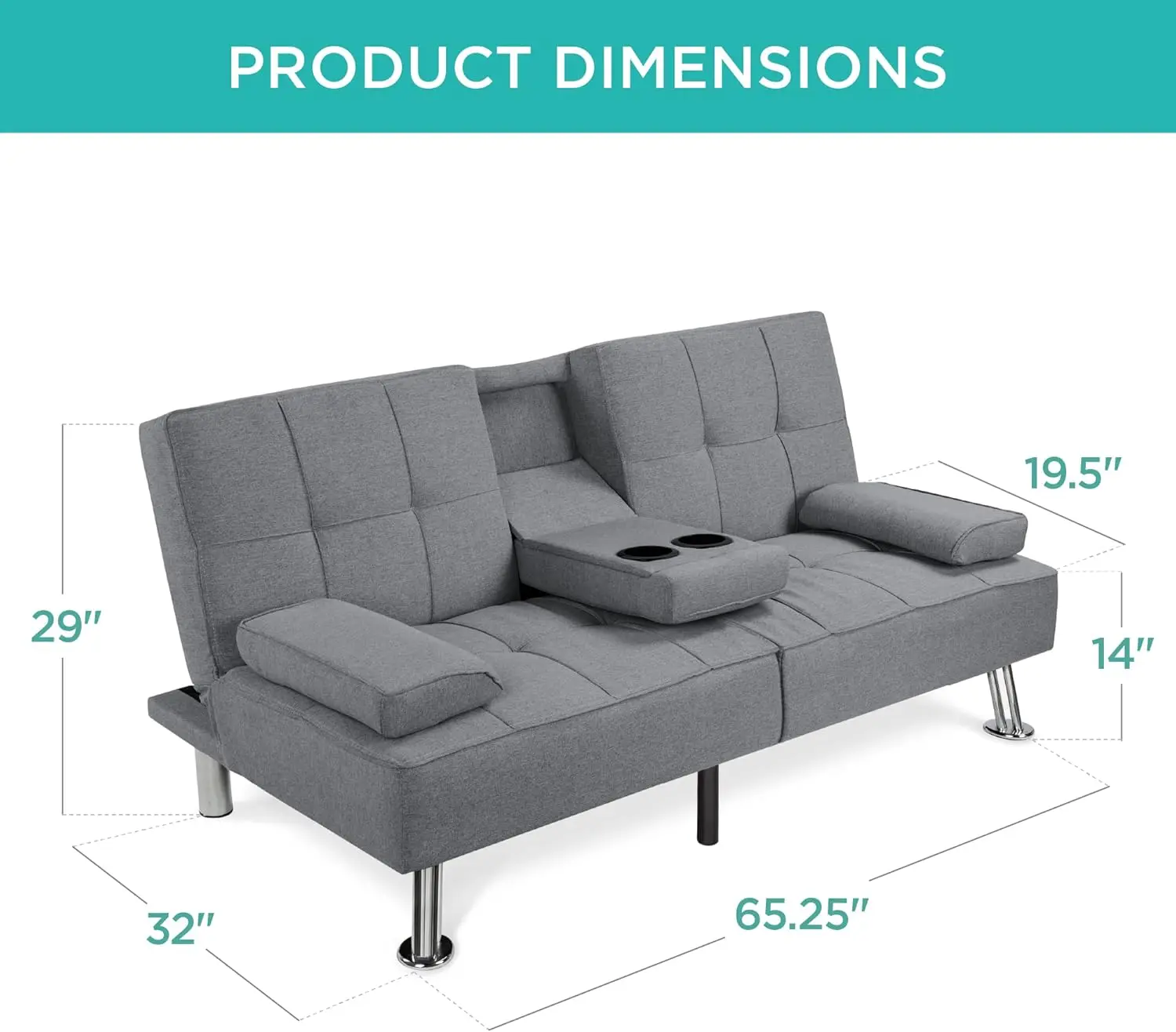 Linen Modern Folding Futon, Reclining Sofa Bed for Apartment, Dorm w/Removable Armrests, 2 Cupholders - Gray