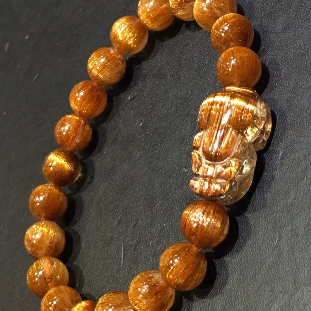 9MM Natural Copper Hair Quartz Pixiu Bead Bracelet Fashion Crystal Quartz Gemstone Jewelry Reiki Healing For Women Gift 1PCS