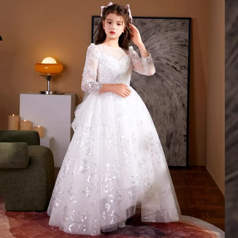 

2024 Children Elegant White Princess Dress for Girl Round Neck Kids Wedding Dresses Girls Bridesmaid Costume Teenager Ball Gown