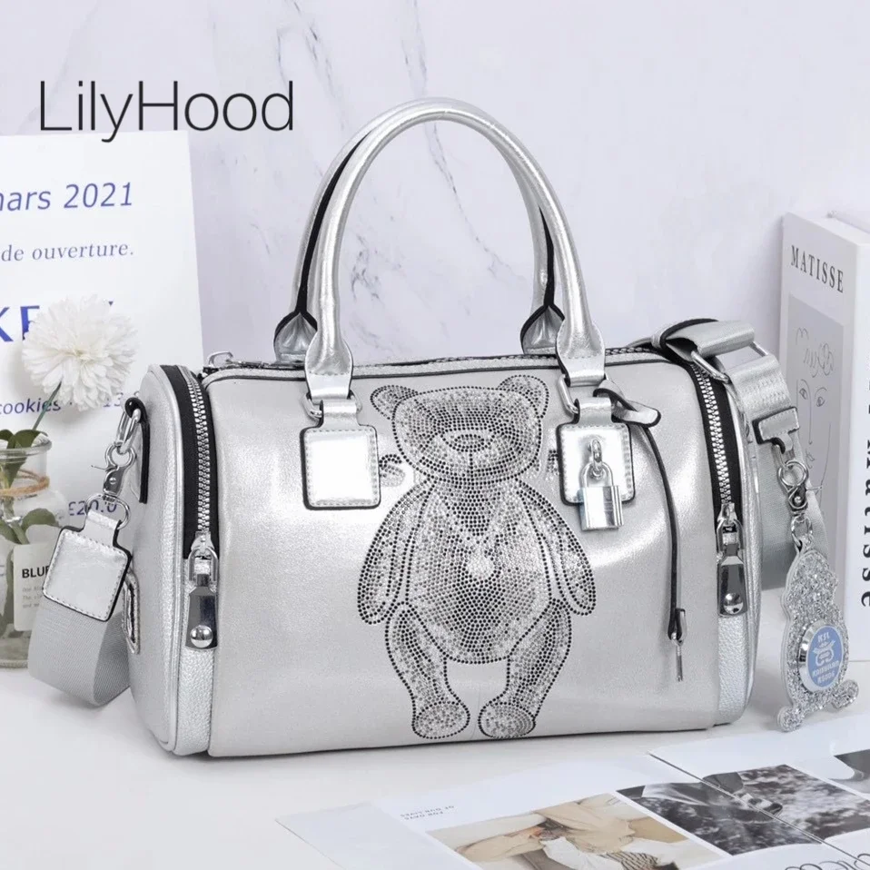 Female Fashion Leather Rhinestone Cartoon Bear Boston Handbag Women Casual Trend Luxury Design Cute Roomy Daily Messenger Bag