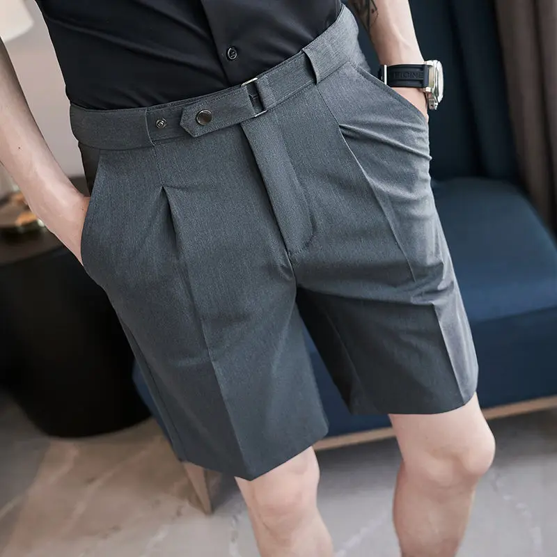 Men Business Suit Shorts Solid Color Elastic Waist Summer Male Fashion Streetwear Office Social Loose Knee Length Short Pants