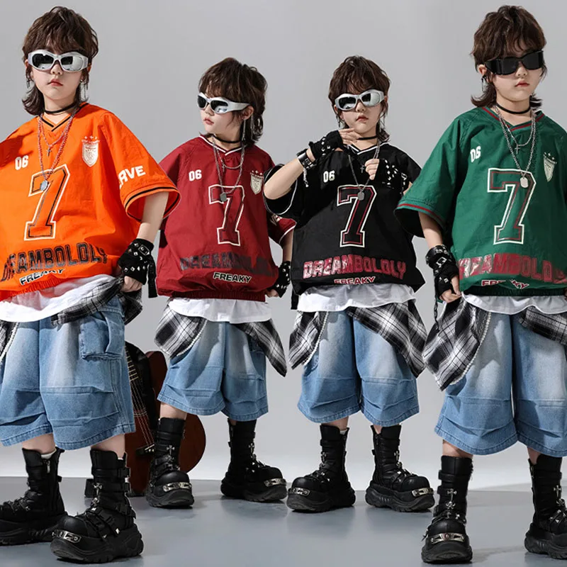 

Kid Kpop Hip Hop Clothing Print Jersey T Shirt Denim Blue Parachute Jeans Shorts Middle Pants for Girl Boy Dance Costume Clothes