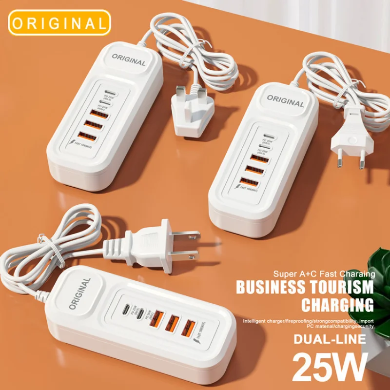 35W Usb Pd Fast Charging Row Plug Charger 3U+2C Multi-Port Intelligent Charging Head Bk-02 for Android Apple Mobile Phone 9V3A