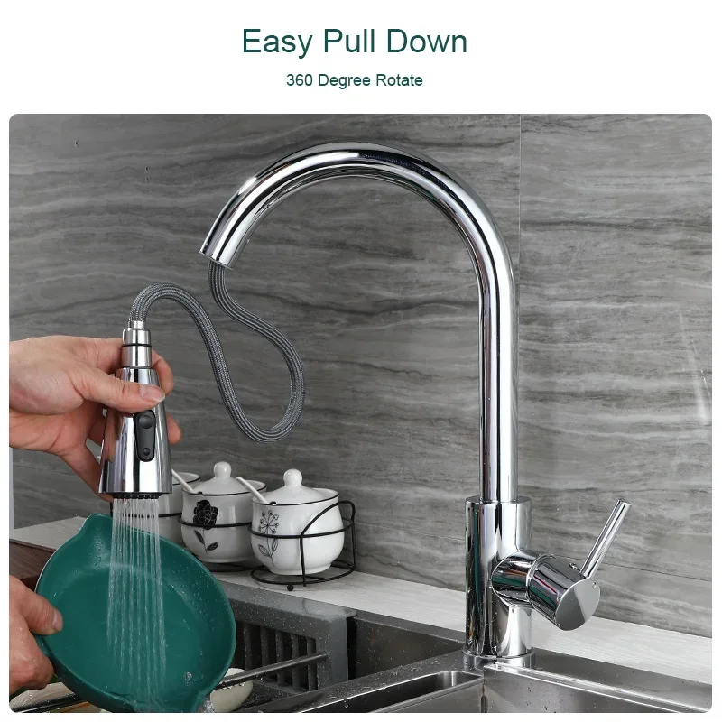 Free Shipping 304 Stainless Steel Kitchen Sink Faucet Hot Cold Water Mixer Easy Pull Down Rotatable Spring Faucets Taps Sprayer