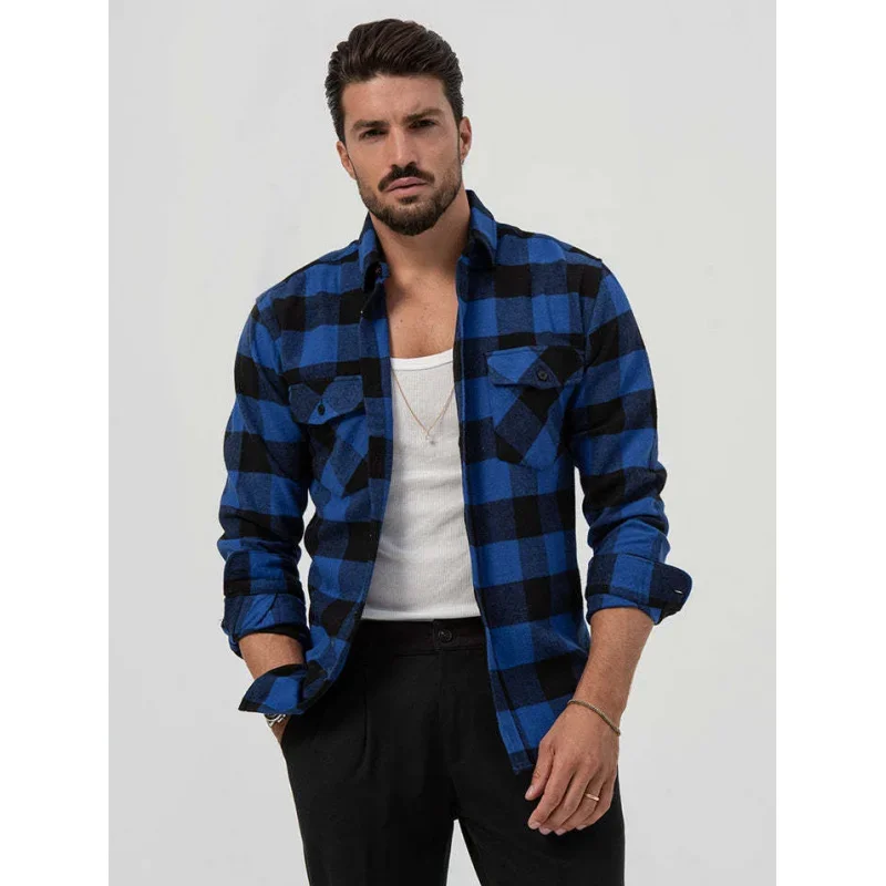 GELITAYIN 2024 Spring And Autumn New Pocket Plaid Shirt Men's Cardigan Loose Lapels Workwear Long Sleeve Top Casual Shirt Men's