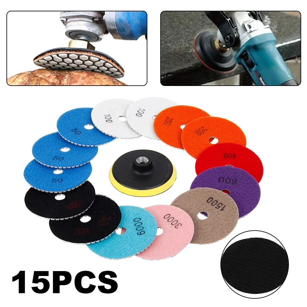 

15PCS/Set Diamond Polishing Pads Wet Dry Polishing Backer Granite Marble Concrete Stone Grinding Discs Hand Tools 4 Inch 100mm