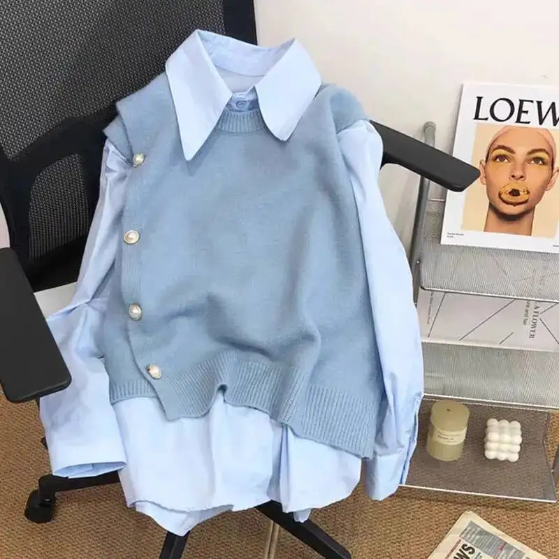 

Candy Color Knit Vest Shirt Women Two Pieces Button Turndown Collar Long Sleeve Shirts Sleeveless Tanks Spring Fashion 2Pcs Set