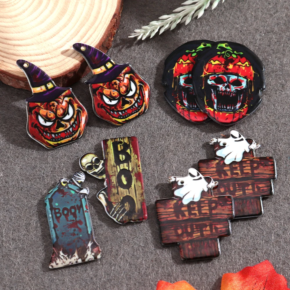 New Halloween Pumpkin Ghost Acrylic Pendant Creative Tombstone Skull Pendant for DIY Necklace Earrings Jewelry Accessories