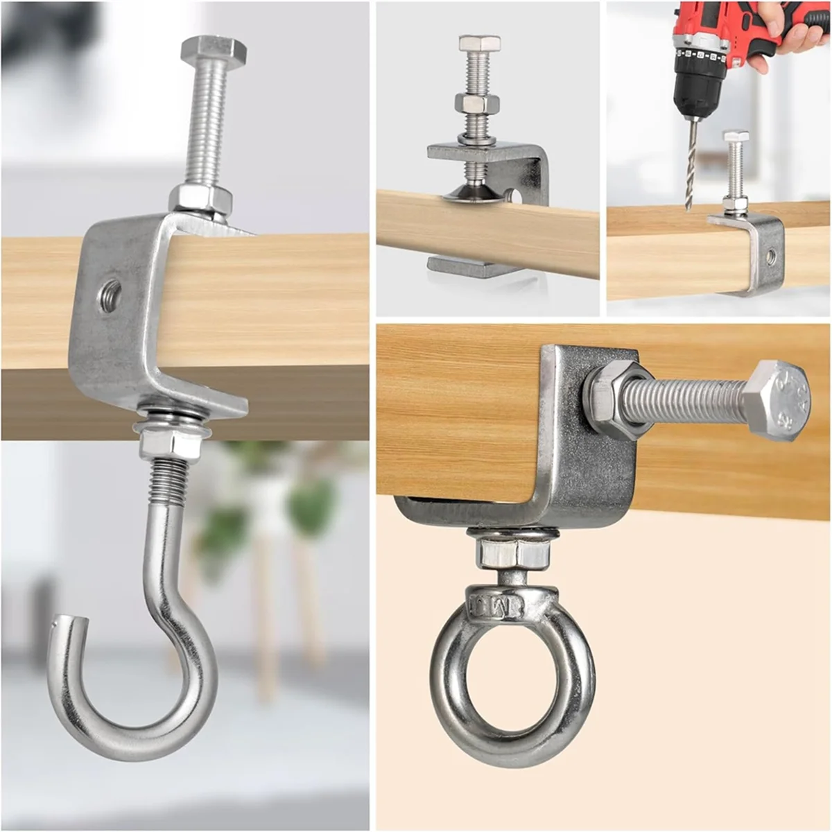 Stainless Steel Small C Clamp with Ring, C Clamp,Pipe Clamp Hooks for Hanging, Beam Clamp with Ring for Woodworking