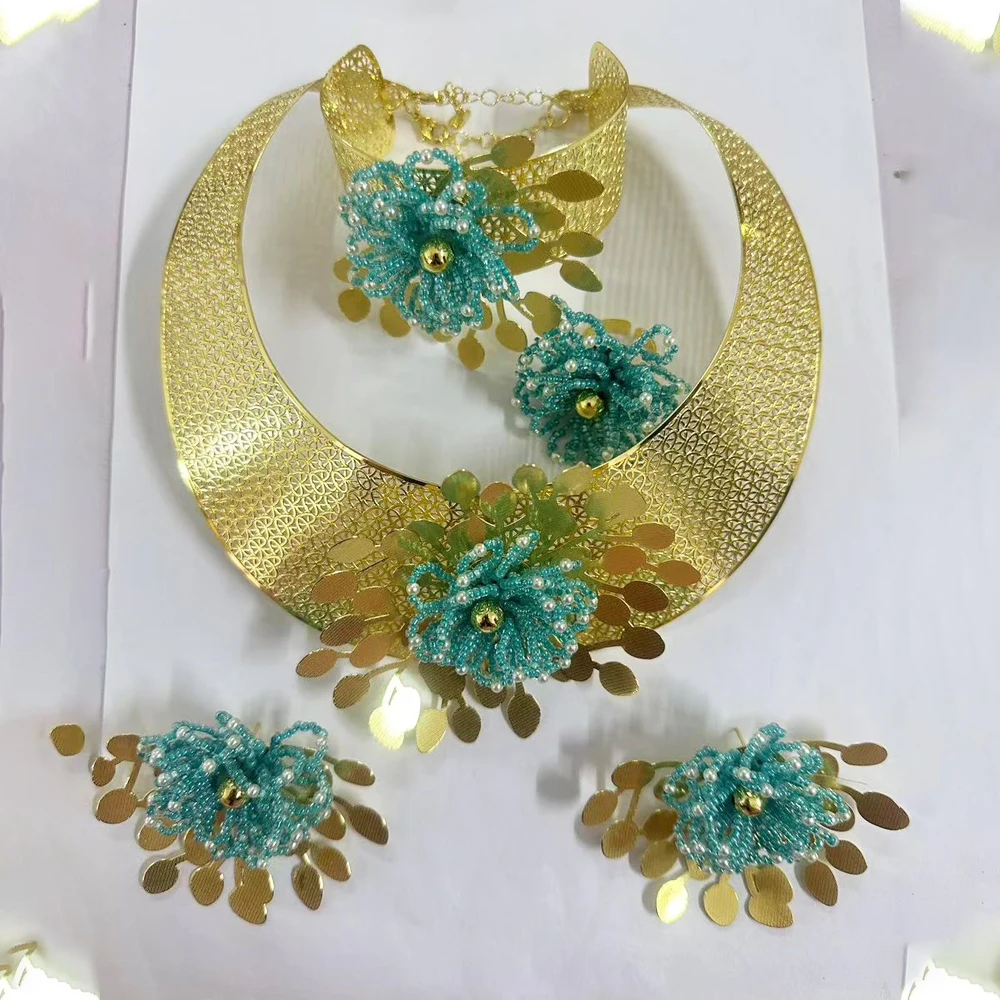 

Dubai Women Lady Gold Plated Luxury Jewelry Set Flowers Made of Beads African Wedding Bride Ornament Gift Saudi Arab Party